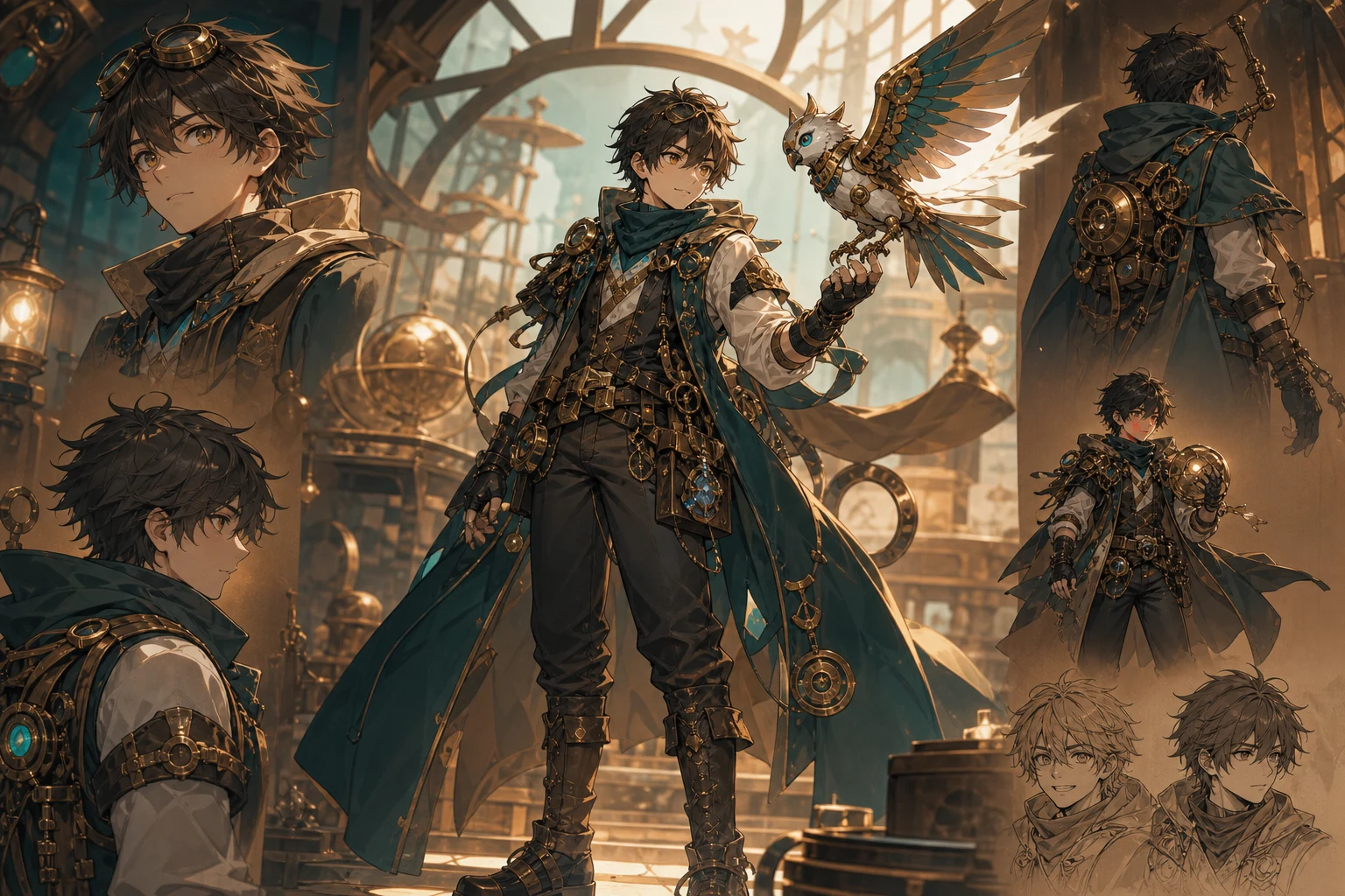 Original anime character concept sheet with outfit and expression variations