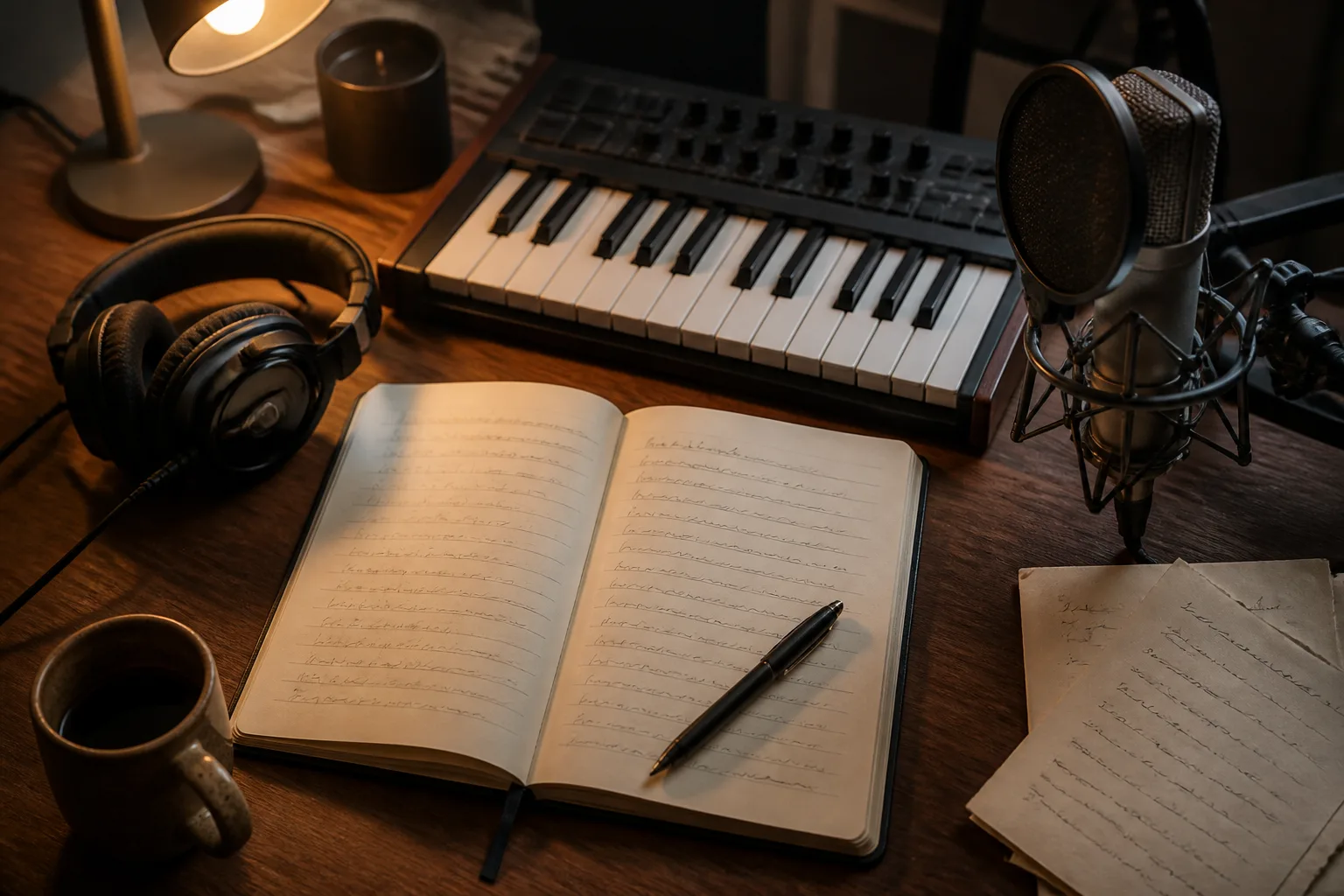 Cuaderno de composición junto a auriculares de estudio y un teclado compacto