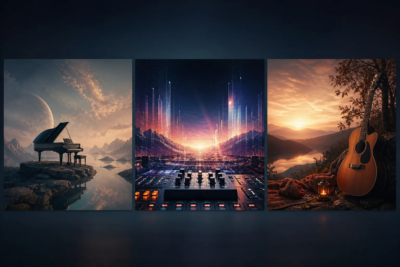 Tres direcciones de portada de álbum coordinadas que representan diferentes géneros musicales