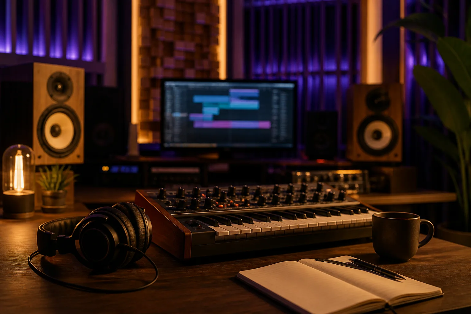 Escena de producción musical atmosférica que representa un borrador de pista generado