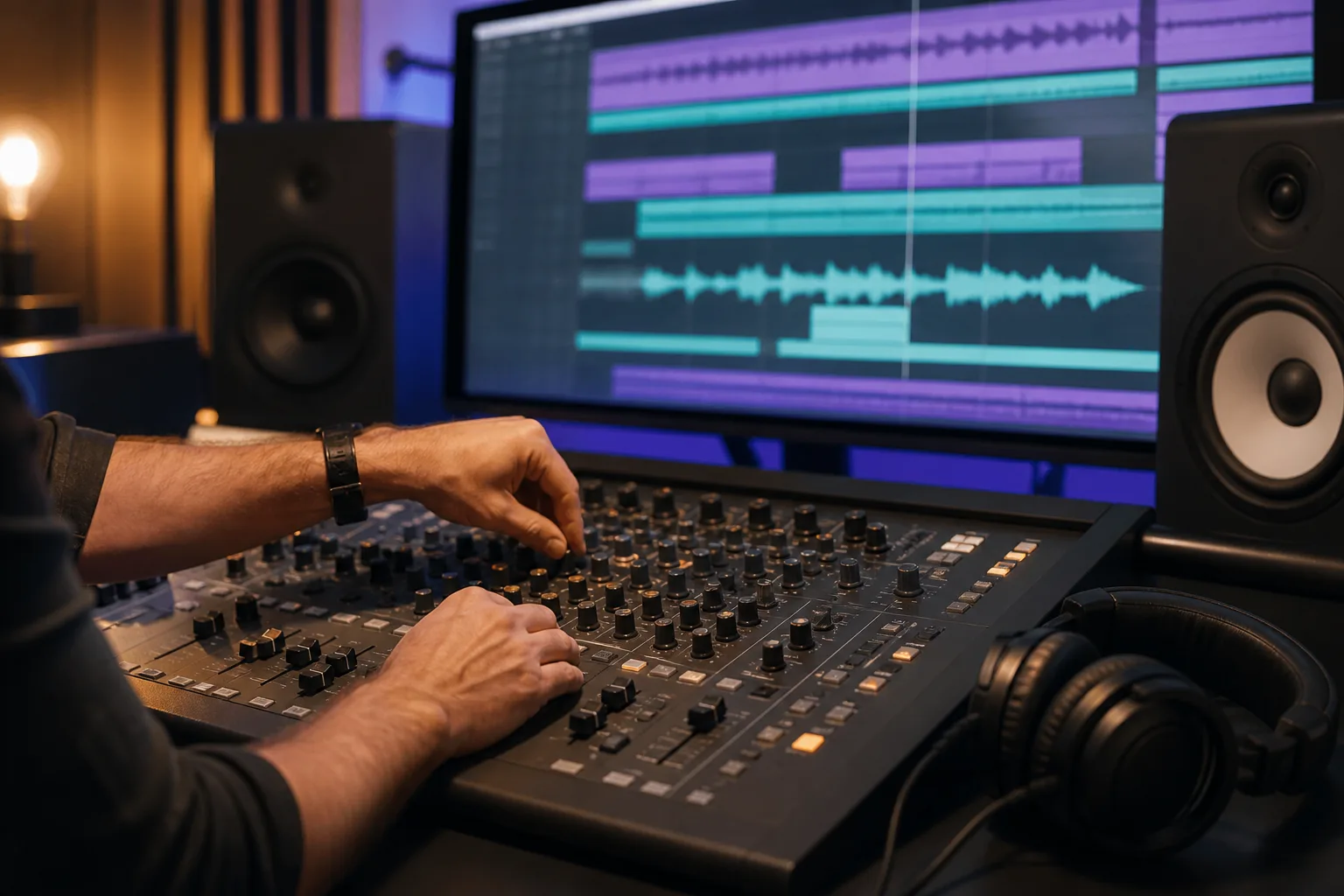 Productor revisando la estructura de la forma de onda y detalles de mezcla en monitores de estudio
