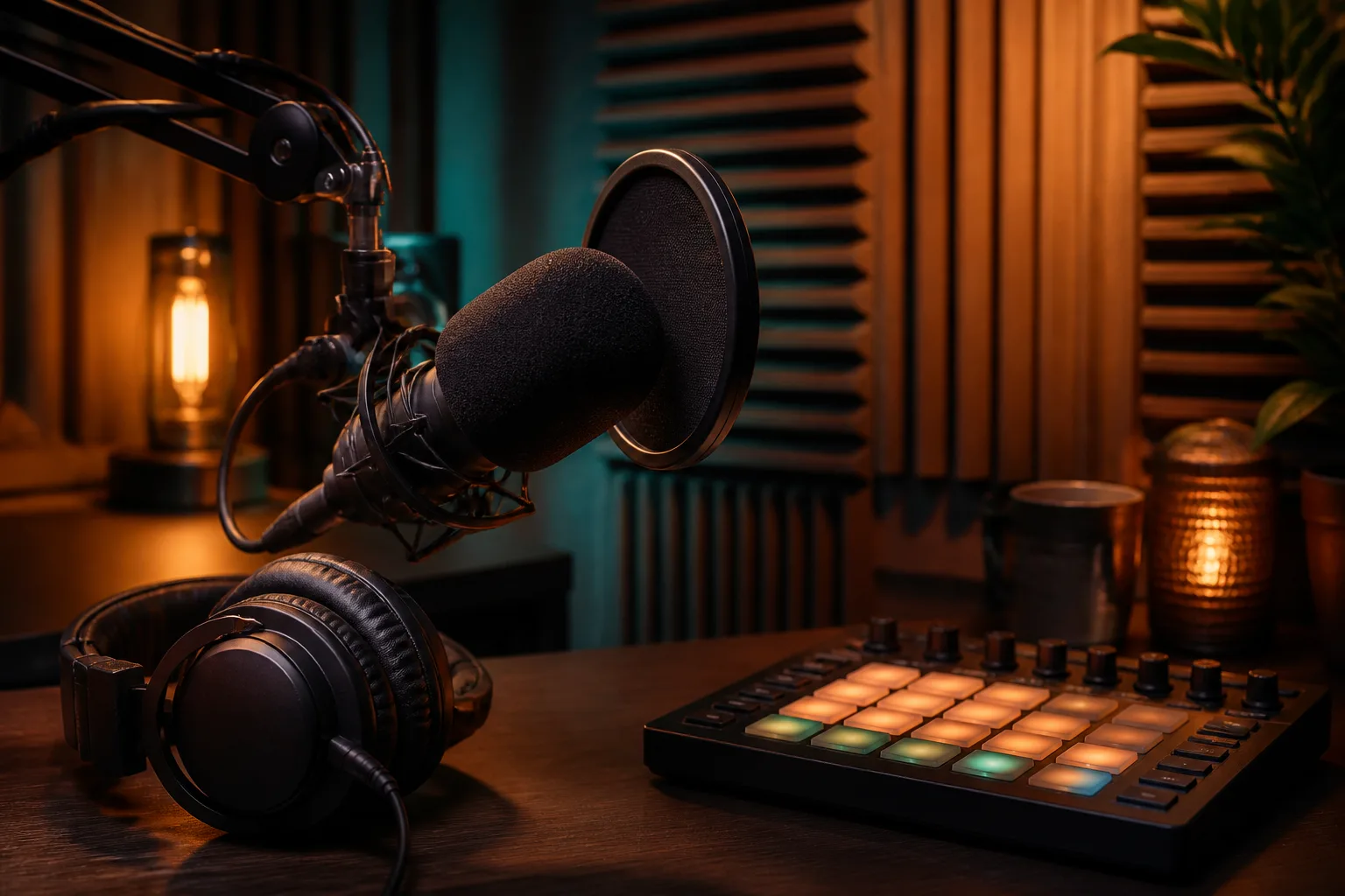 Micrófono y auriculares de podcast dispuestos para una introducción de canal original