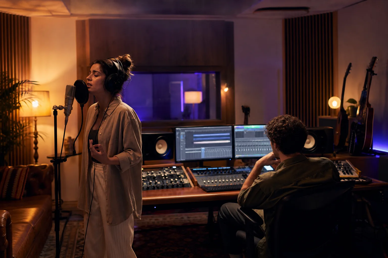 Cantante y productor revisando un demo original en un estudio moderno