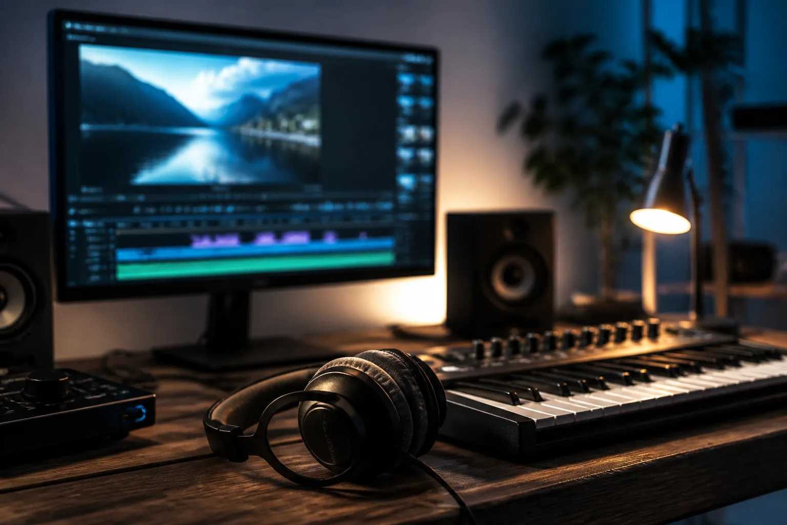 Mesa de edición cinematográfica emparejando una secuencia de video con una pista musical original